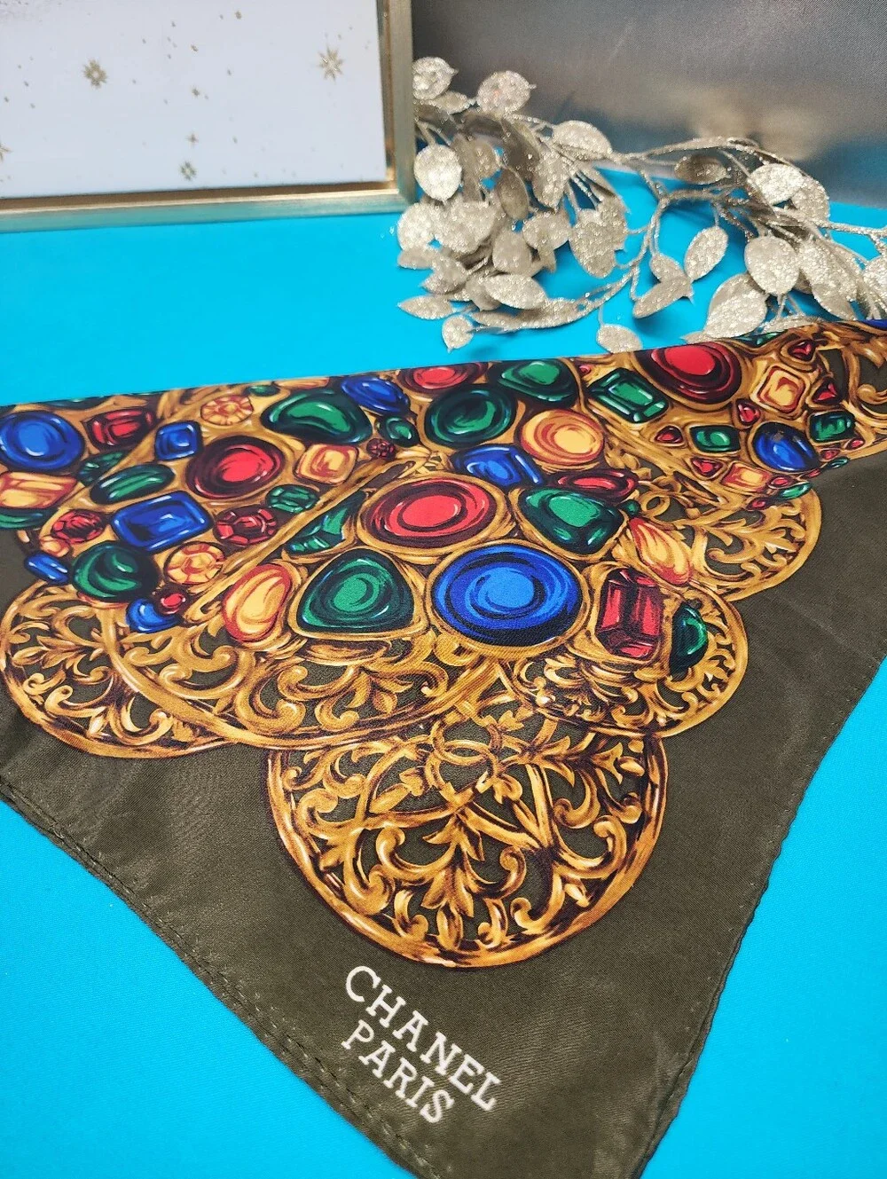 Authentic Vintage Chanel Paris Silk Jeweled Scarf